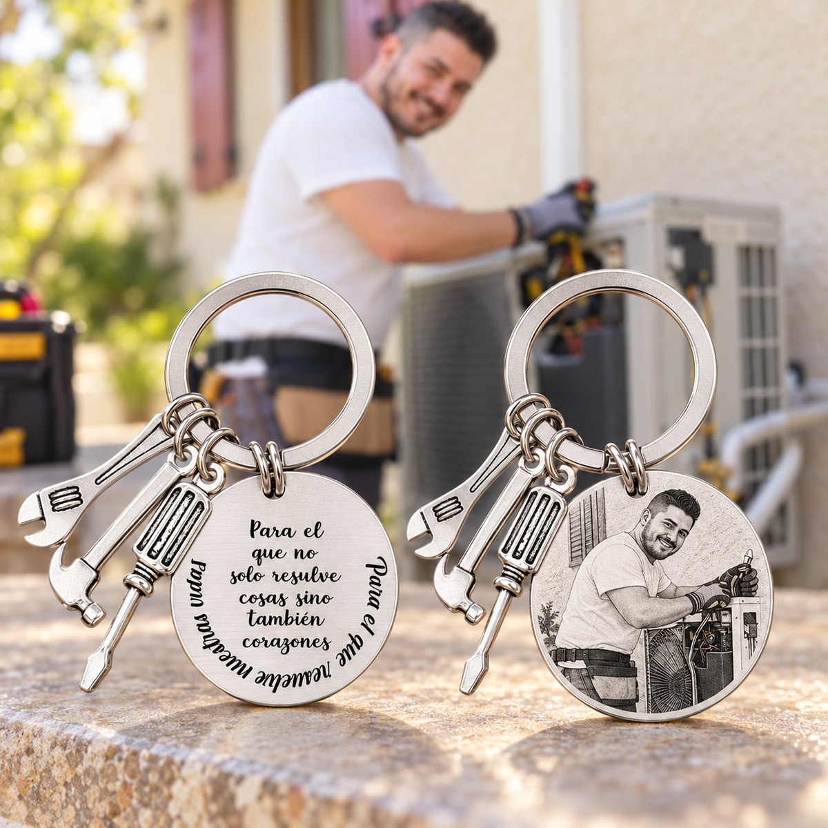 Llavero Héroe con Herramientas Personalizado — Regalo para Papá Grabado