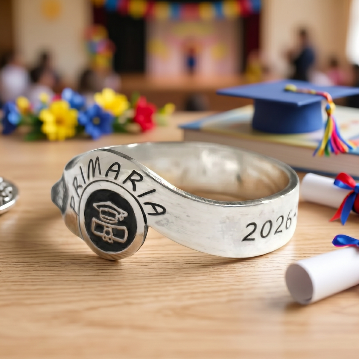 Anillo de Graduación Primaria personalizado en Plata