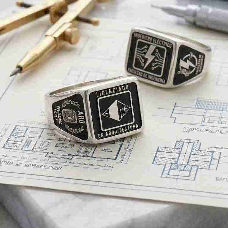 Anillos de graduación personalizados en plata para Arquitecto e Ingeniero Eléctrico sobre planos