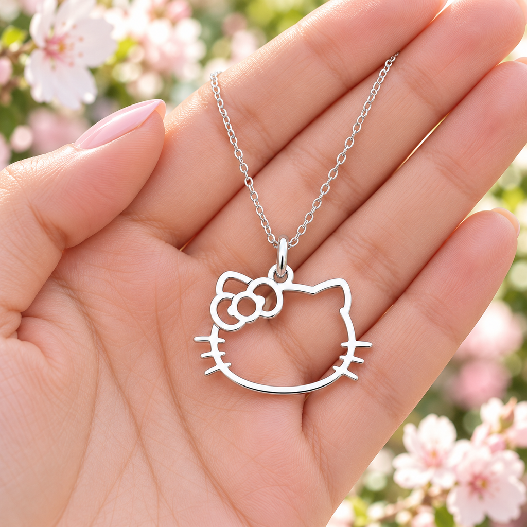 Dije Gatita con Moño de Plata .925 con Cadena Incluida