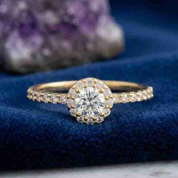 Anillo de Compromiso en Oro  para Mujer con Halo de Piedras Brillantes Corte Diamante – Diseño Elegante y Atemporal