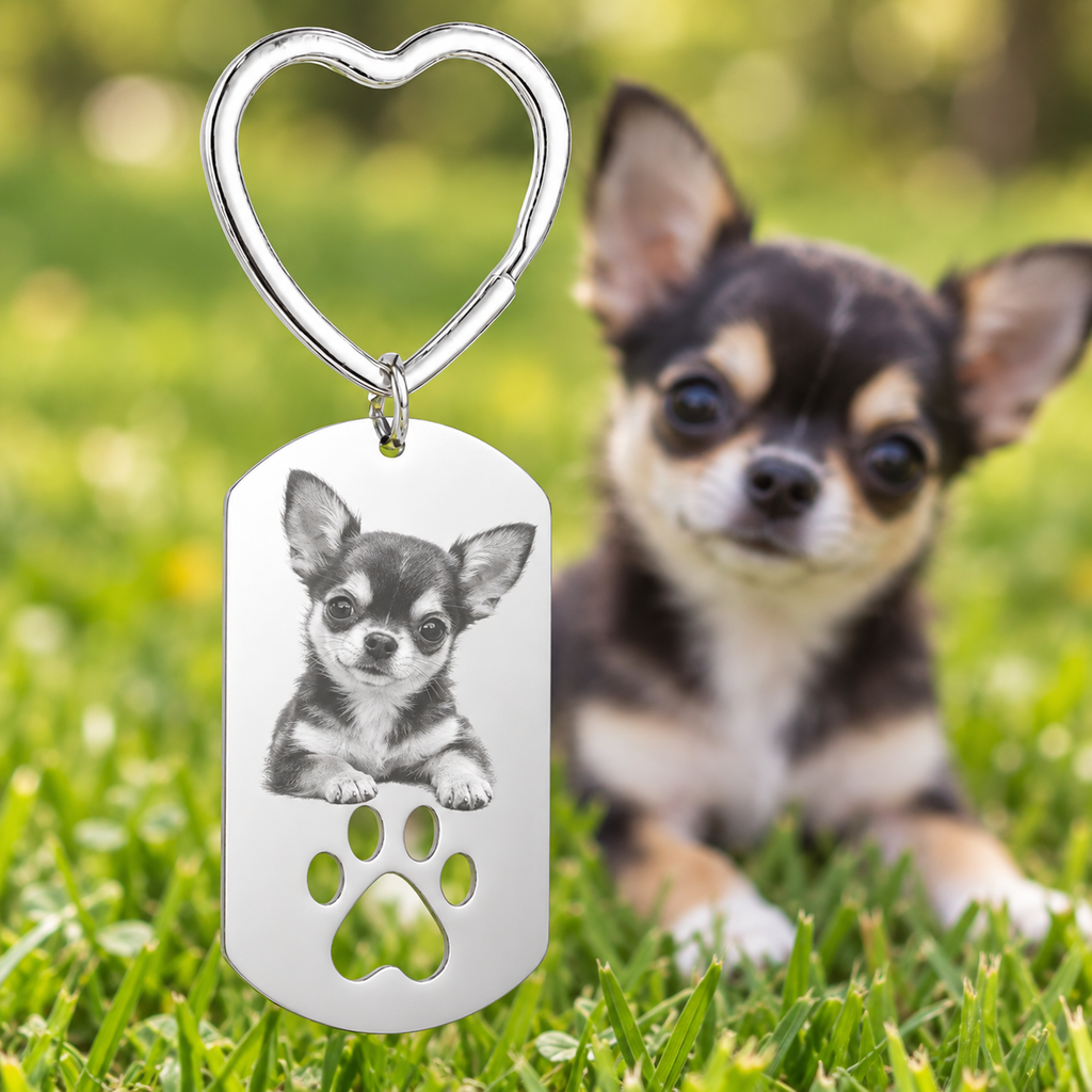 Llavero Personalizado con Foto de Mascota — Acero con Huellita Grabada