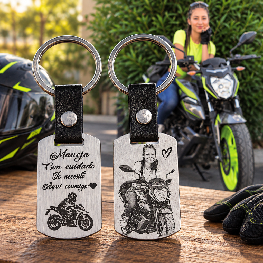Llavero de Acero Personalizado para Motociclista — Grabado Láser