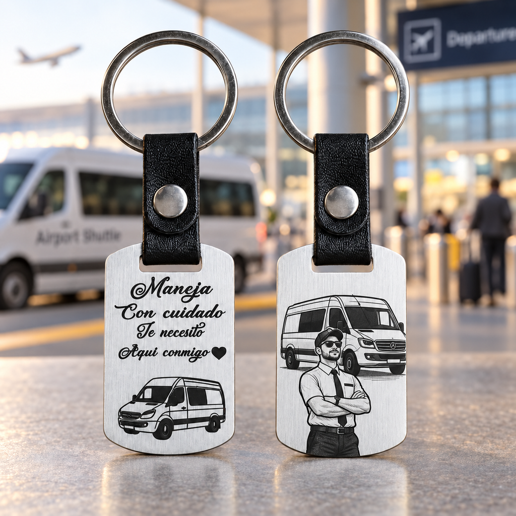 Llavero de Acero Personalizado para Chofer de Combi o Van — Grabado Láser