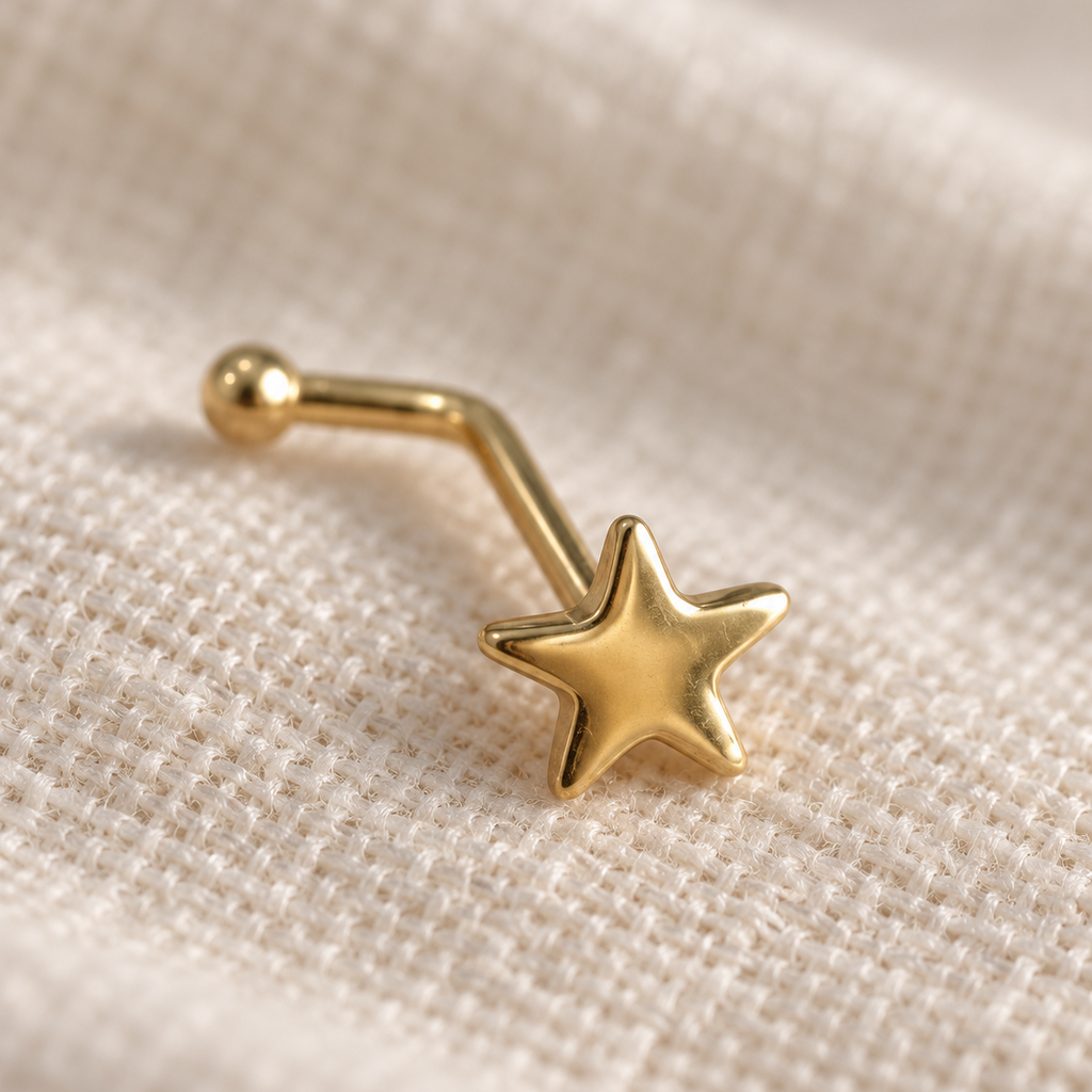 Piercing para nariz de oro 10K con estrella y poste curvo sobre lino