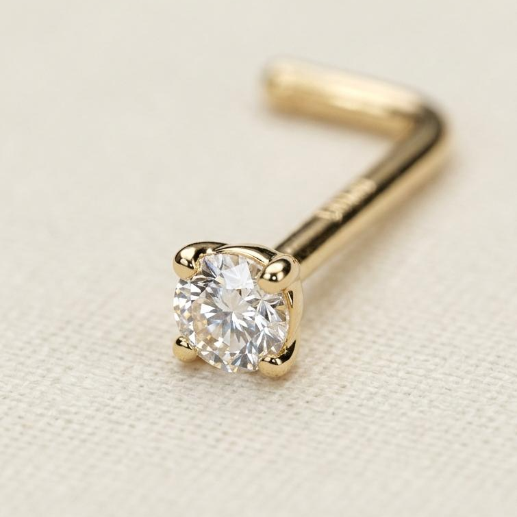 Piercing para nariz de oro 10K con piedra redonda transparente y poste en L