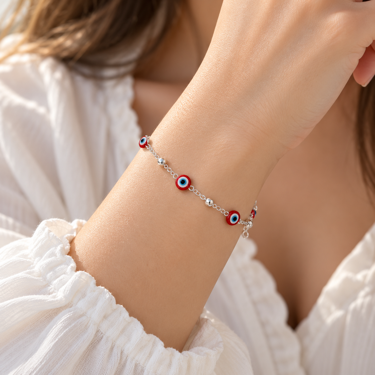 Pulsera Ojo Turco Rojo de Plata | Joyería Platamor
